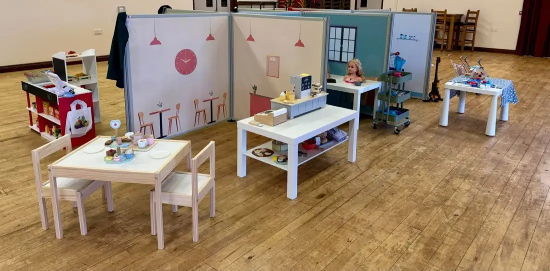 A full Toddler Town pop-up role play town set up for a birthday party